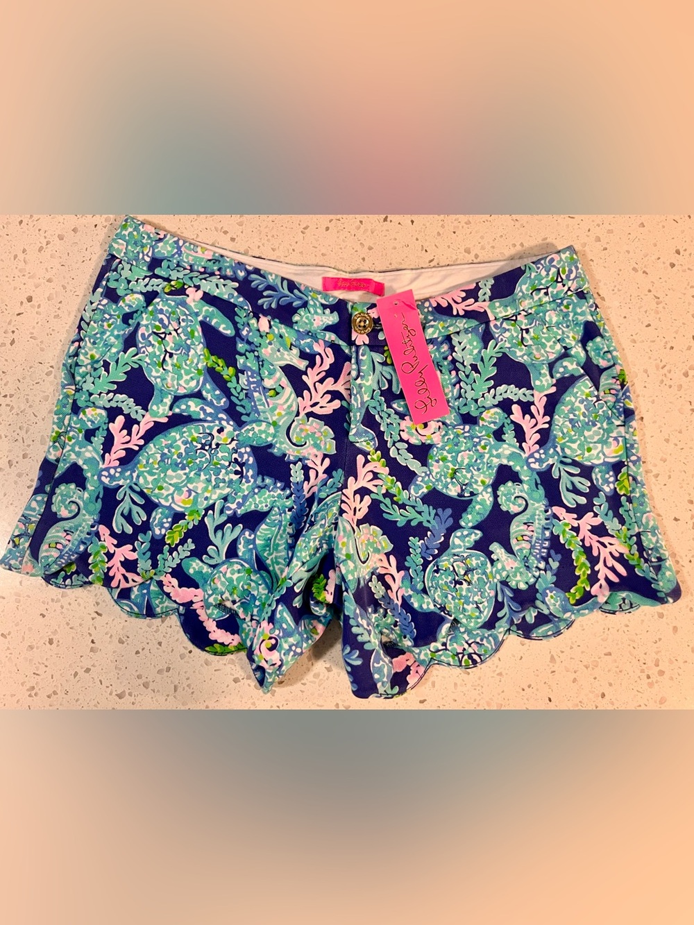 Lilly Pulitzer Navy Scalloped Seahorse Print Shorts - Pink & Aqua